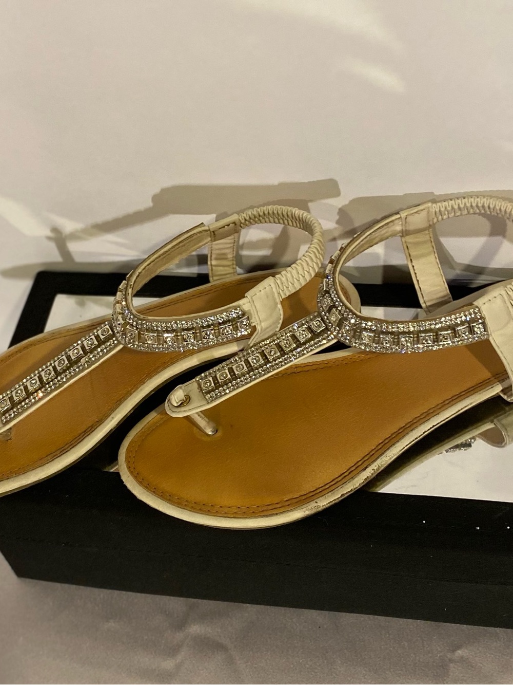 Women's rhinestone Embellished T-Strap Sandals in Cream